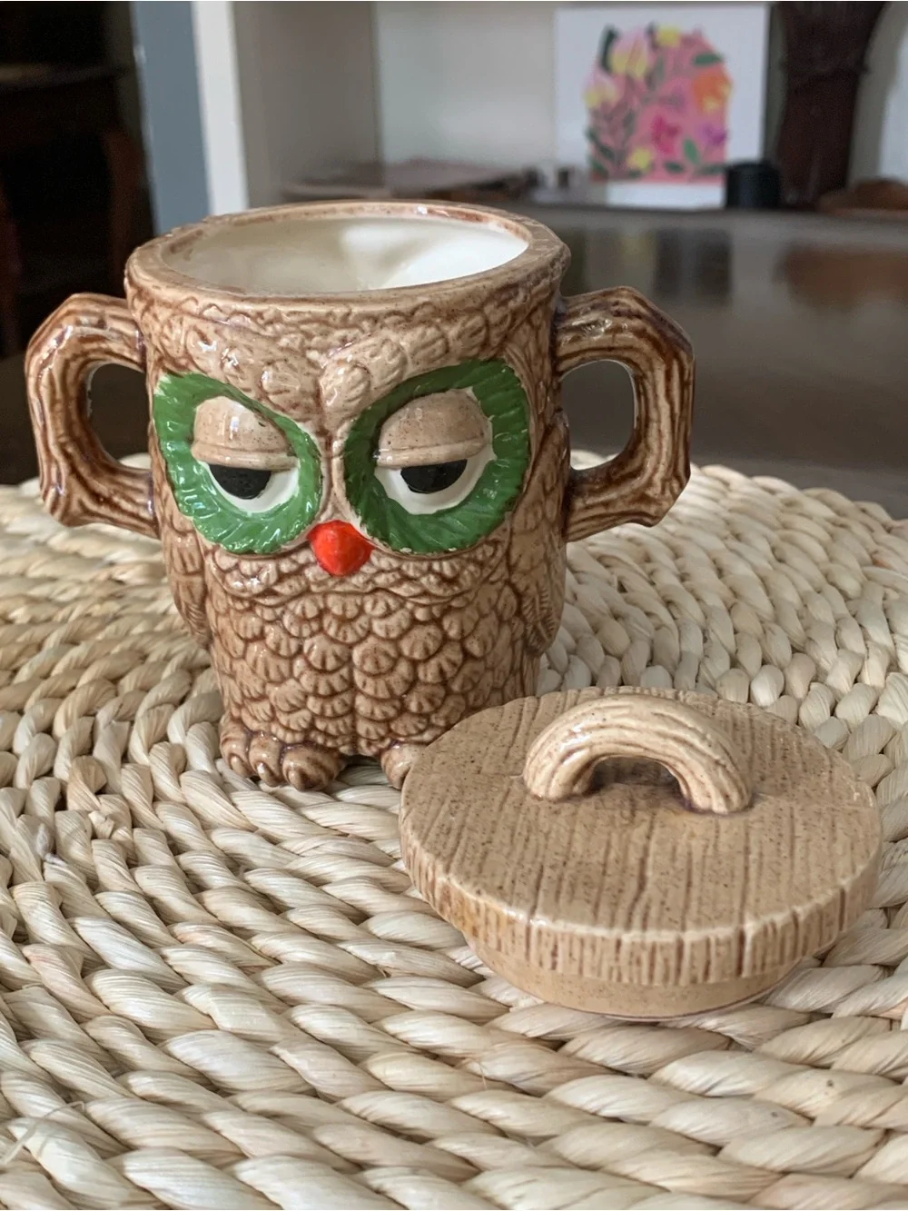 Vintage 70’s Ceramic Double Handled, 2 Sided Sleepy Owl Mug with Lid, 10 oz cup.